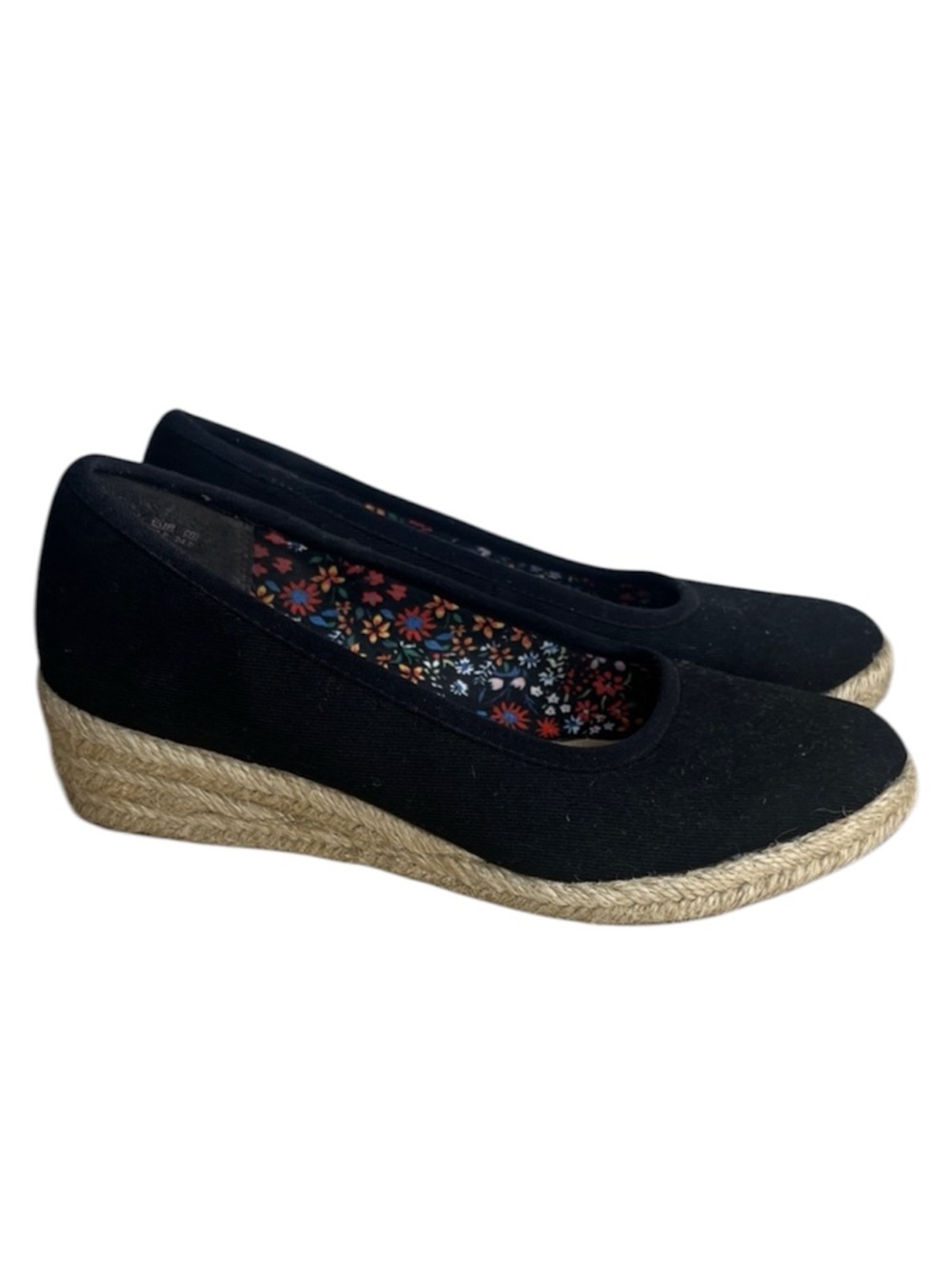Black Wedge espadrille Shoes with Floral Lining 7.5